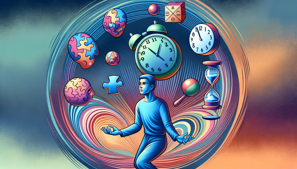 Cartoon person juggling tasks, representing strategies for managing time during IQ tests